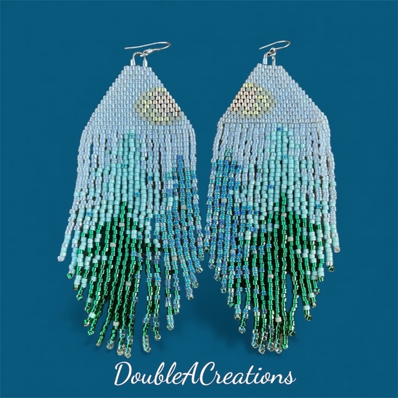 Pine Tree Beaded Earrings with Fringe, New, Handmade by Me - Picture 5 of 7